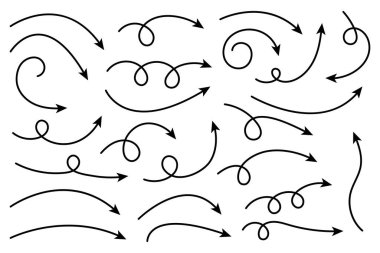 Eğri ok koleksiyonu. Basit kavisli çizilmiş okları ayarlayın. İşaretçi koleksiyonu.