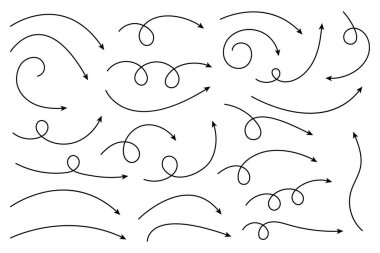 Eğri ok koleksiyonu. Basit kavisli çizilmiş okları ayarlayın. İşaretçi koleksiyonu.