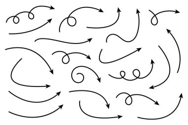 Eğri ok koleksiyonu. Basit kavisli çizilmiş okları ayarlayın. İşaretçi koleksiyonu.