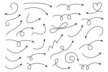 Eğri ok koleksiyonu. Basit kavisli çizilmiş okları ayarlayın. İşaretçi koleksiyonu.