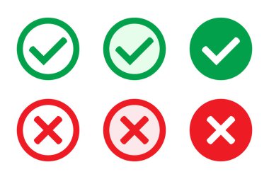 Doğru ya da yanlış ikonlar. Yeşil kene ve kırmızı işaretler. Evet ya da hayır simgesi, kullanıcı arayüzü için onaylanmış ya da reddedilmiş simge.