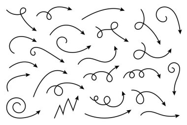 Eğri ok koleksiyonu. Basit kavisli çizilmiş okları ayarlayın. İşaretçi koleksiyonu.