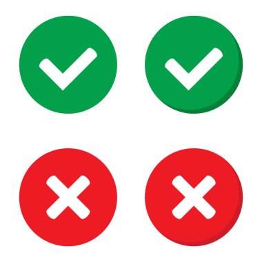 Doğru ya da yanlış ikonlar. Yeşil kene ve kırmızı işaretler. Evet ya da hayır simgesi, kullanıcı arayüzü için onaylanmış ya da reddedilmiş simge.