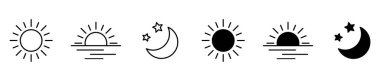 Gündüz işaretleri. Yükselen ve batan güneş ikonu, hilal ay ve yıldızlar, gündüz ve gece zaman sembolleri. Vektör illüstrasyonu.
