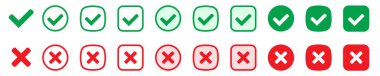 Doğru ya da yanlış ikonlar. Yeşil kene ve kırmızı işaretler. Evet ya da hayır simgesi, kullanıcı arayüzü için onaylanmış ya da reddedilmiş simge.