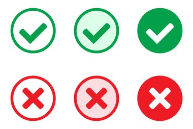 Doğru ya da yanlış ikonlar. Yeşil kene ve kırmızı işaretler. Evet ya da hayır simgesi, kullanıcı arayüzü için onaylanmış ya da reddedilmiş simge.