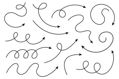 Eğri ok koleksiyonu. Basit kavisli çizilmiş okları ayarlayın. İşaretçi koleksiyonu.