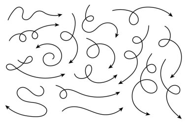 Eğri ok koleksiyonu. Basit kavisli çizilmiş okları ayarlayın. İşaretçi koleksiyonu.