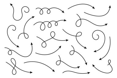 Eğri ok koleksiyonu. Basit kavisli çizilmiş okları ayarlayın. İşaretçi koleksiyonu.