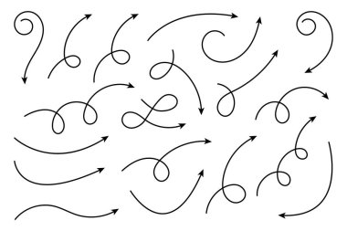 Eğri ok koleksiyonu. Basit kavisli çizilmiş okları ayarlayın. İşaretçi koleksiyonu.