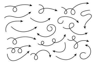 Eğri ok koleksiyonu. Basit kavisli çizilmiş okları ayarlayın. İşaretçi koleksiyonu.