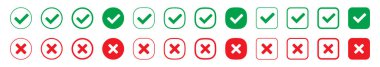 Doğru ya da yanlış ikonlar. Yeşil kene ve kırmızı işaretler. Evet ya da hayır simgesi, kullanıcı arayüzü için onaylanmış ya da reddedilmiş simge.
