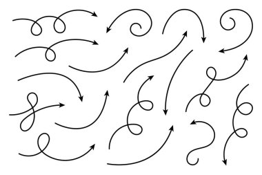 Eğri ok koleksiyonu. Basit kavisli çizilmiş okları ayarlayın. İşaretçi koleksiyonu.