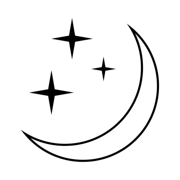 Полумесяц со звездами на белом фоне. Ночной значок. Икона полумесяца. Минималистский стиль.