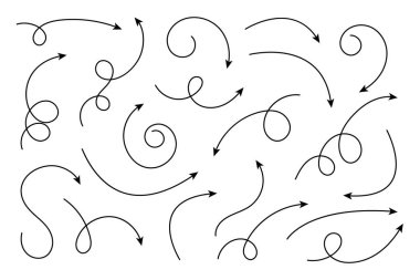 Eğri ok koleksiyonu. Basit kavisli çizilmiş okları ayarlayın. İşaretçi koleksiyonu.