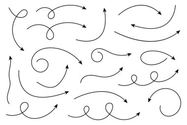 Eğri ok koleksiyonu. Basit kavisli çizilmiş okları ayarlayın. İşaretçi koleksiyonu.