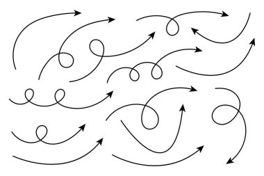 Eğri ok koleksiyonu. Basit kavisli çizilmiş okları ayarlayın. İşaretçi koleksiyonu.