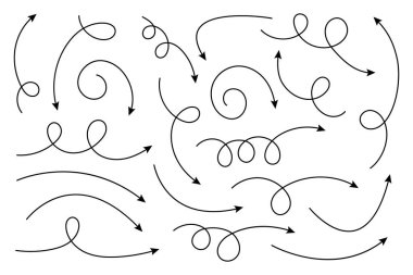 Eğri ok koleksiyonu. Basit kavisli çizilmiş okları ayarlayın. İşaretçi koleksiyonu.