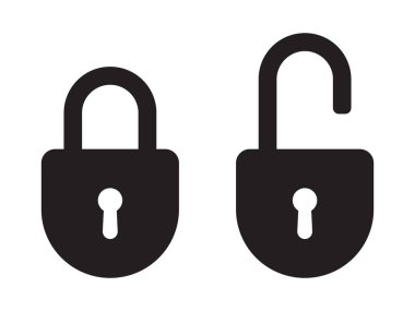 Asma kilit ikonu, güvenlik simgesi. Kilitli olmayan siyah asma kilit simgesi.