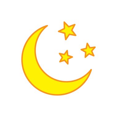 Beyaz arka planda yıldız ikonu olan sarı hilal. Gece ikonu. Hilal ay simgesi.