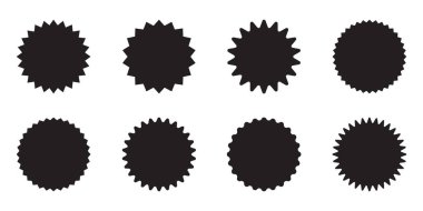 Bir dizi yıldız patlaması, güneş patlaması rozetleri. Basit düz stil vintage etiketleri, çıkartmalar.