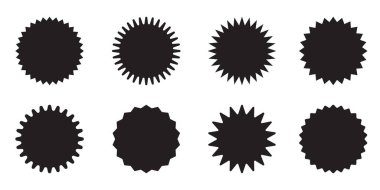 Bir dizi yıldız patlaması, güneş patlaması rozetleri. Tasarım ögeleri - satış etiketi, fiyat etiketi, kalite notu için en iyisi.