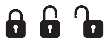 Asma kilit ikonu, güvenlik simgesi. Kilitli olmayan siyah asma kilit simgesi.