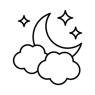 Bulutlu ve yıldız ikonlu ay. Gece simgesi.