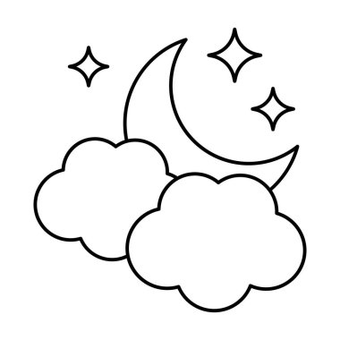 Bulutlu ve yıldız ikonlu ay. Gece simgesi.