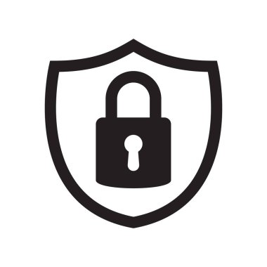 Kalkan güvenliği kilit simgesiyle. Koruma, güvenlik, şifre güvenlik simgesi. Güvenlik duvarı gizlilik levhası. Giriş sayfası için güvenlik simgesini kilitle. Web sitesi koruma amblemi.