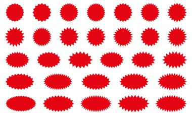 Yıldız patlaması kırmızı etiket seti - özel satış yuvarlak koleksiyonu ve oval güneş patlaması etiketleri ve düğmeleri. Reklam için yıldız kenarlı çıkartmalar ve rozetler..