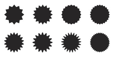 Bir dizi yıldız patlaması, güneş patlaması rozetleri. Tasarım elemanları. Satış etiketi, fiyat etiketi, kalite notu için en iyisi. Düz Çizim.