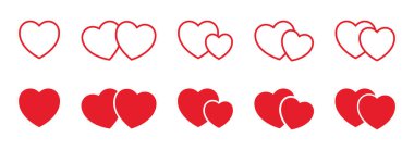 İki kalp simgesi ayarlandı. Kırmızı kalpler farklı pozlarda. Sağlıklı ya da ilaç, aşk ya da romantik tasarım öğesi.