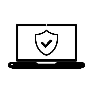 Laptop antivirüs kalkan güvenlik simgesi. Laptop koruma ikonu. Laptop ve kalkan ikonu. İnternet güvenliği kavramı. Kimlik ve koruma sembolü.