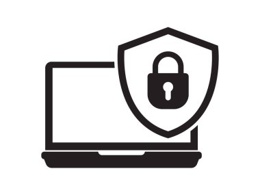 Laptop security icon, Laptop protection icon. Laptop and shield icon. Internet security concept. Identification and protection symbol.