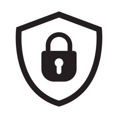 Kalkan güvenliği kilit simgesiyle. Koruma, güvenlik, şifre güvenlik vektör simgesi. Güvenlik duvarı gizlilik levhası. Giriş sayfası için güvenlik simgesini kilitle. Web sitesi koruma amblemi.