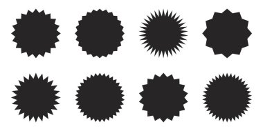 Bir dizi yıldız patlaması, güneş patlaması rozetleri. Basit düz stil vintage etiketleri, çıkartmalar.
