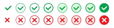 Doğru ya da yanlış ikonlar. Daire şeklinde düz simgelerde yeşil kene ve kırmızı haç işaretleri. Evet ya da hayır simgesi, kullanıcı arayüzü için onaylanmış ya da reddedilmiş simge.