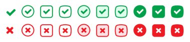 Doğru ya da yanlış ikonlar. Yeşil kene ve kırmızı haç işaretleri düz simgeler. Evet ya da hayır simgesi, kullanıcı arayüzü için onaylanmış ya da reddedilmiş simge.