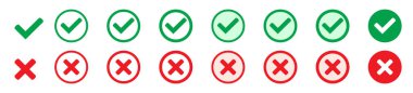 Doğru ya da yanlış ikonlar. Daire şeklinde düz simgelerde yeşil kene ve kırmızı haç işaretleri. Evet ya da hayır simgesi, kullanıcı arayüzü için onaylanmış ya da reddedilmiş simge.