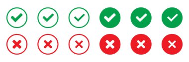 Evet ya da hayır, onaylanmış ya da reddedilmiş sembol. Doğru ya da yanlış ikonlar. Kullanıcı arayüzü için daire düz simgelerinde yeşil tik ve kırmızı çapraz işaretler.