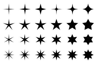 Yıldız simgeleri. Parıltı, parıltı. Yıldız sembolleri. Farklı şekillerde yıldızlar, tebrik kartı için şablonlar, poster..