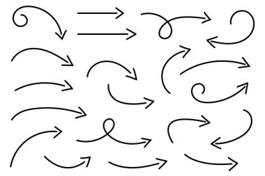 Eğri çizilmiş oklar. Çizim stili. Vektör işaretçilerinin koleksiyonu.