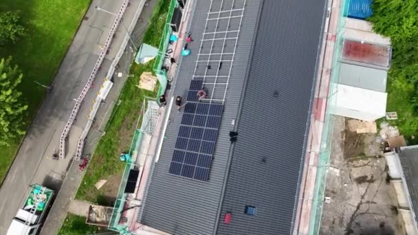 Construction Site Roof Work Solar Panels Aerial View — Stock Video