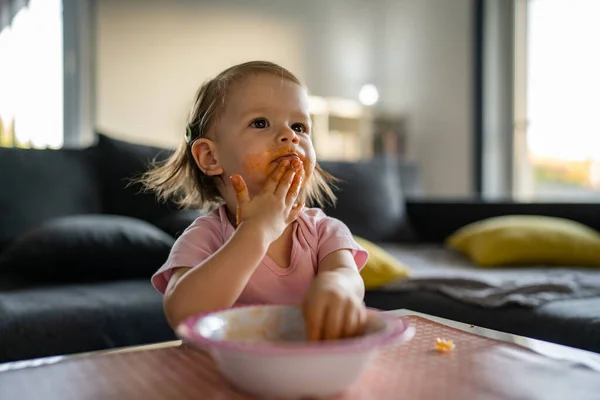 One Girl Small Caucasian Toddler Female Child Daughter Eating Alone — Stockfoto