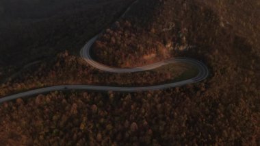 Sonbahar günü otomobillerin geçtiği yol üzerindeki hava manzarası, Tresibaba Sırbistan 'daki asfalt üzerindeki orman ağaçlarının arasında seyir konsepti.