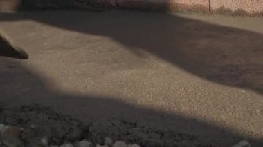 Alçı işçiliği İnşaat işçisi, betonun tepesini betonla kaplayarak istenen pürüzsüzlüğe ulaşmak için kaldırım döşemesi kullanıyor.