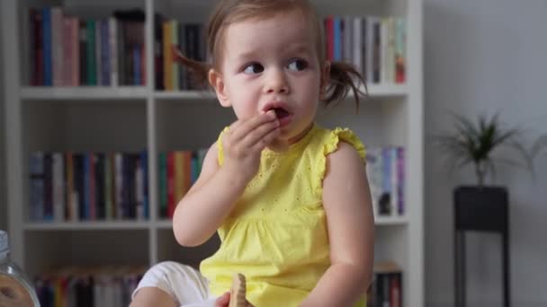 One Baby Girl Caucasian Toddler Sitting Home Eating Cookies Glass — Stock Video