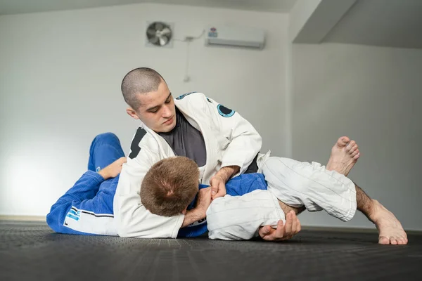 Two Athletes Training Brazilian Jiu Jitsu Kesa Gatame Side Control — Stock Photo, Image