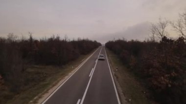 Sonbahar günü otomobillerin geçtiği yol üzerindeki hava manzarası, Tresibaba Sırbistan 'daki asfalt üzerindeki orman ağaçlarının arasında seyir konsepti.